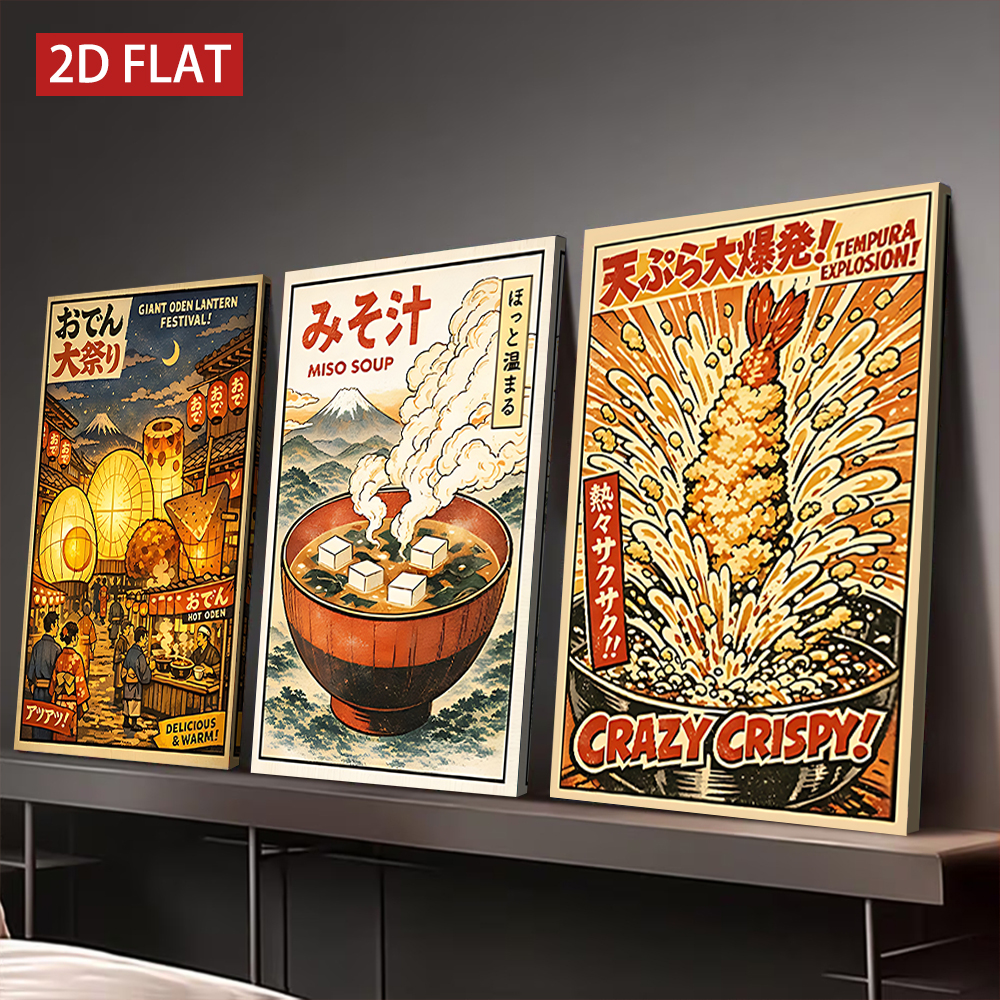Japanese Lifestyle And Food - 3 stuks houten ingelijste canvas schilderijen,